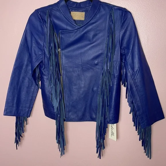 Free People Cleobella Cowgirl Sheep Leather Jacket Navy Rare - Picture 5 of 13